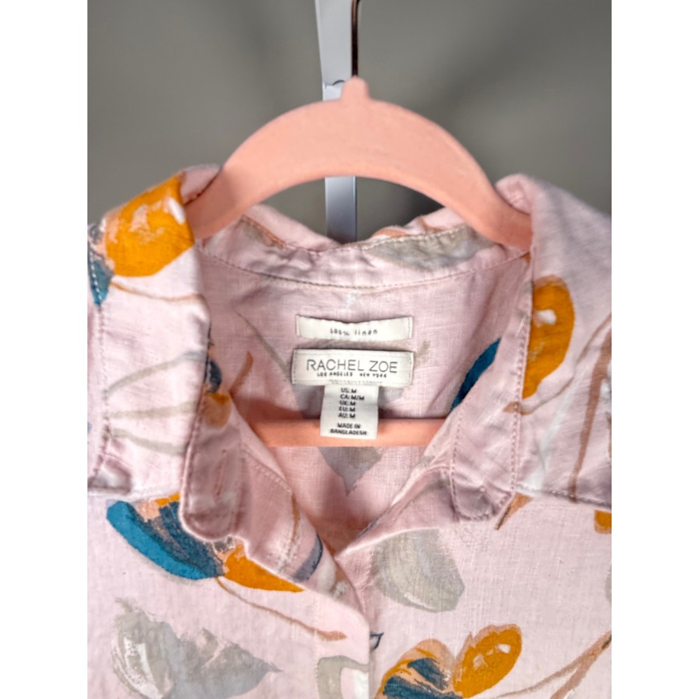 Rachel Zoe Linen Floral Shirt Dress Pink Button Front Coastal Chic Art Teacher M - Picture 5 of 10